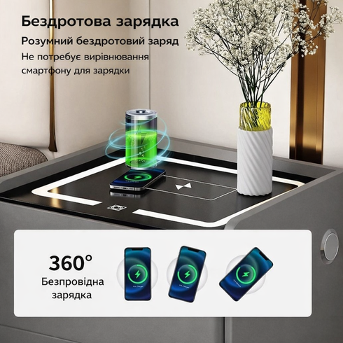 Тумба YJXF01 из экокожи с LED подстветкой, USB, датчик движения, беспроводная зарядка, Bluetooth-аудио Белая 50х40х47см