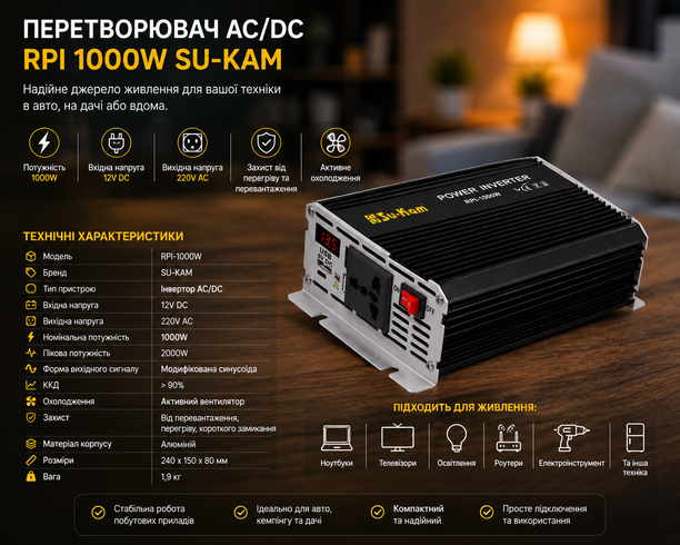 Преобразователь AC/DC RPI 1000W SU-KAM / Инвертор с вольтметром / Преобразователь напряжения 12-220 В