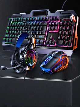 Ігровий комплект клавіатура та миша навушники килимок 4в1 Linmoni TF-400 Kit з RGB підсвічуванням для геймерів, Черный