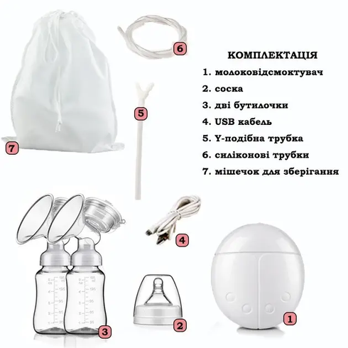 Електричний подвійний масажний молоковідсмоктувач Kinder Goods в комплекті з 2 пляшками для молока + соска, USB