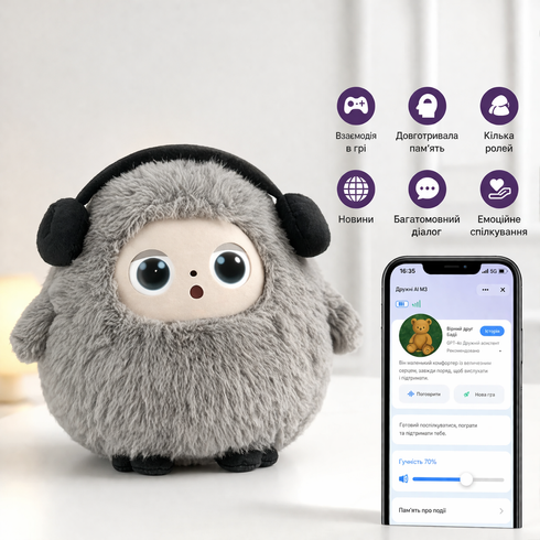 Игрушка с искусственным интеллектом Bobo / Интерактивная плюшевая игрушка BOBO с AI, голосом и LED глазами / Умная игрушка 22х25см Серый