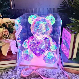 Геометрический мишка с LED подсветкой в подарочной коробке и питанием от USB (с розовым сердцем)