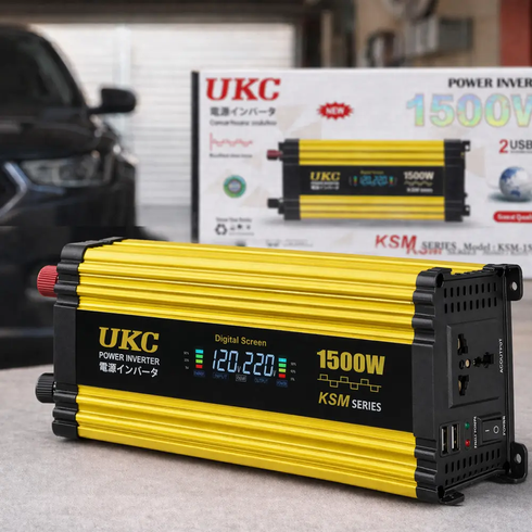 Автомобильный инвертор Желтый / Преобразователь напряжения с 12-220V, 1500Вт, 2хUSB
