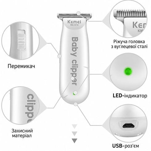 Машинка для стрижки дітей Kemei KM-1319 / Тример з насадками / Дитяча машинка для стрижки волосся