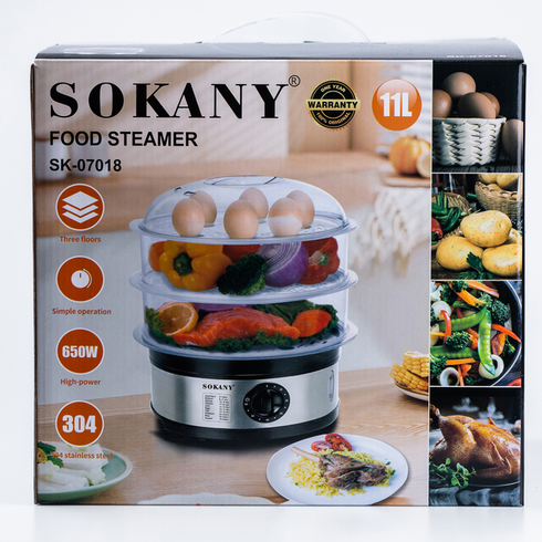 Пароварка трехуровневая Sokany SK-07018 электрическая 11 литров, многофункциональная пароварка 3 яруса 650 Вт, сталь SK07018