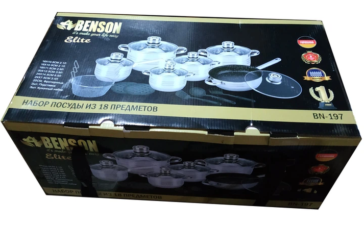 Набор посуды Benson 18 предметов из нержавеющей стали / Набор посуды Benson BN-197 с термодатчиками