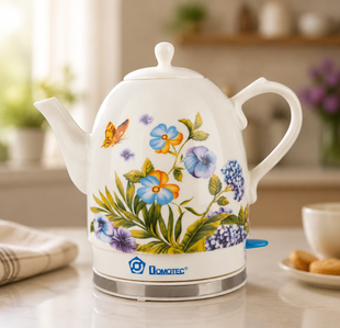 Керамический электрочайник Domotec MS 505 / Дисковый электрочайник 1.7л. / Чайник с керамическим корпусом с цветами Белый