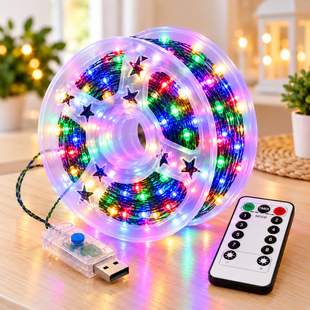 Гірлянда "Роса" 60 м 600 LED Мульті / Гірлянда з USB та пультом ДУ, зелений дріт