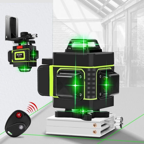 Лазерный уровень нивелир для стяжки пола HILDA 4D 16 линий 360°С самовыравнивается Зеленый луч + пульт + аккумулятор с дисплеем