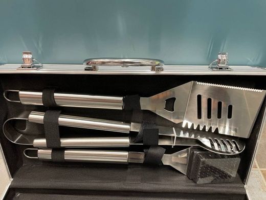 Набір інструментів для барбекю Rainberg AL-10 з нержавіючої сталі в валізі, 10 предметів, Сріблястий