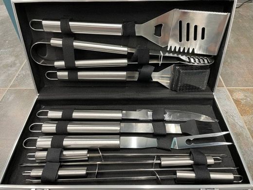 Набір інструментів для барбекю Rainberg AL-10 з нержавіючої сталі в валізі, 10 предметів, Сріблястий
